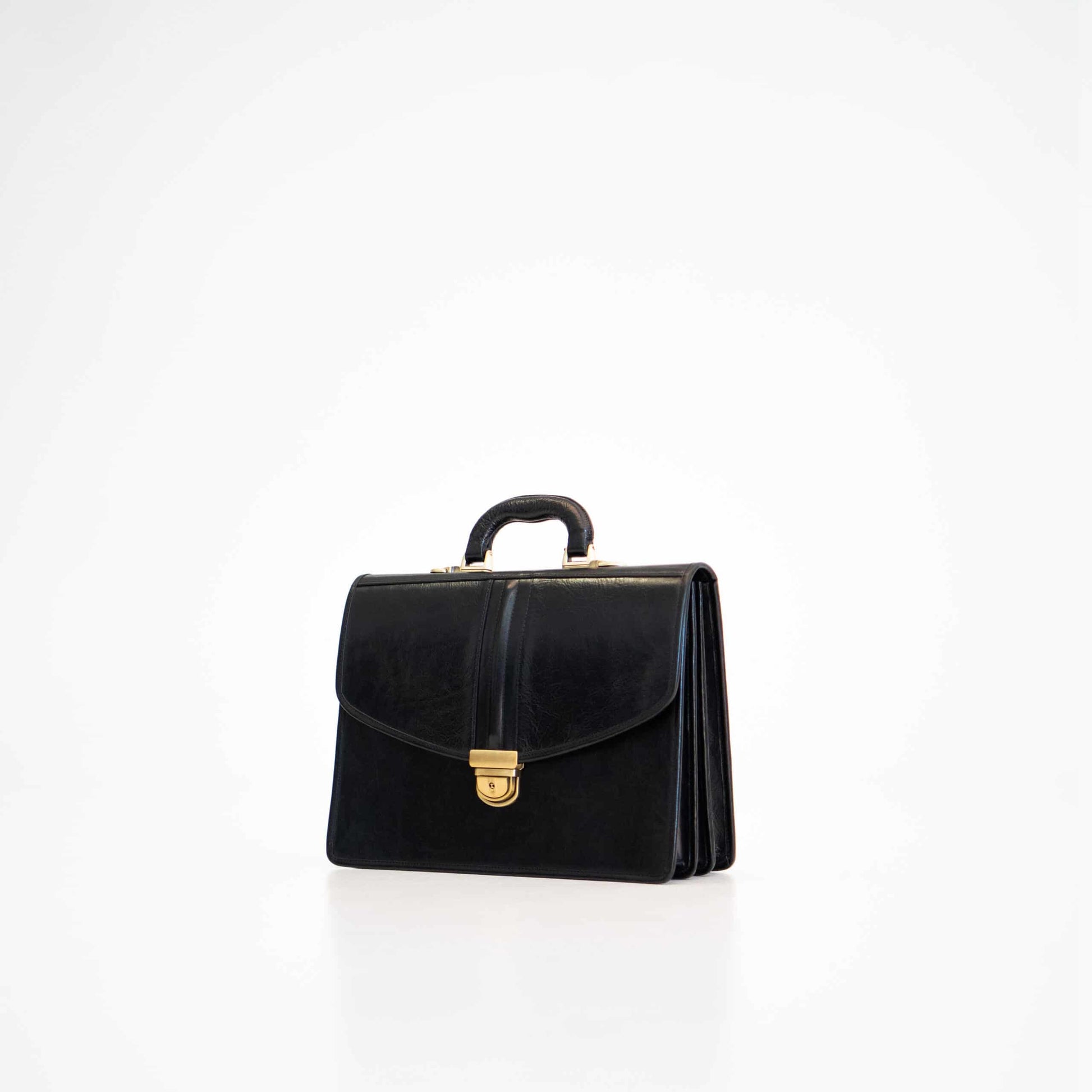 Papillon black leather stylish office briefcase bag with gold clasp and top handle