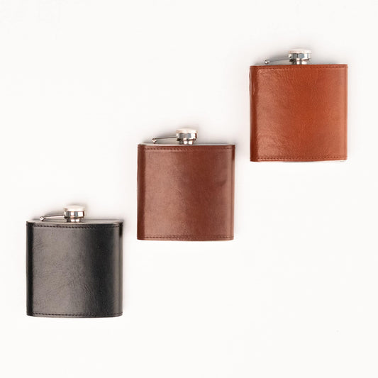 Papillon stylish pocket flask set in black brown and tan leather with stainless steel caps