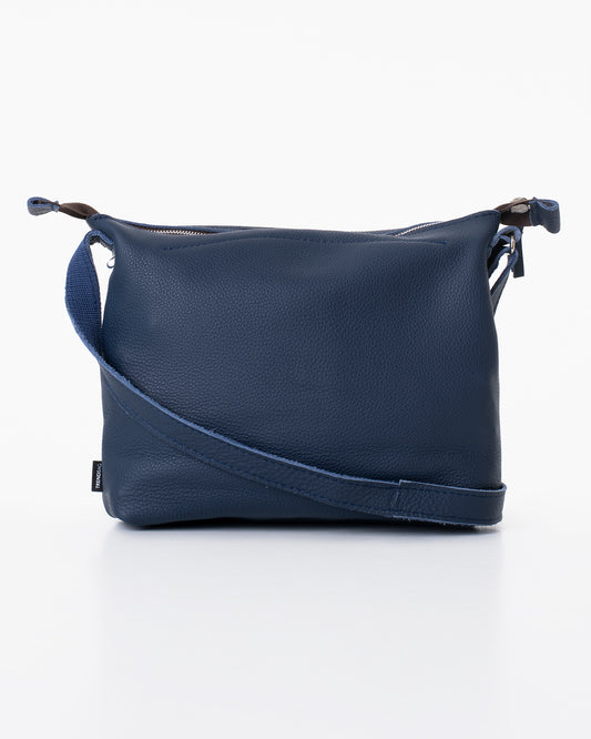 Trendbag dark blue leather shoulder bag with adjustable strap and zippered top closure