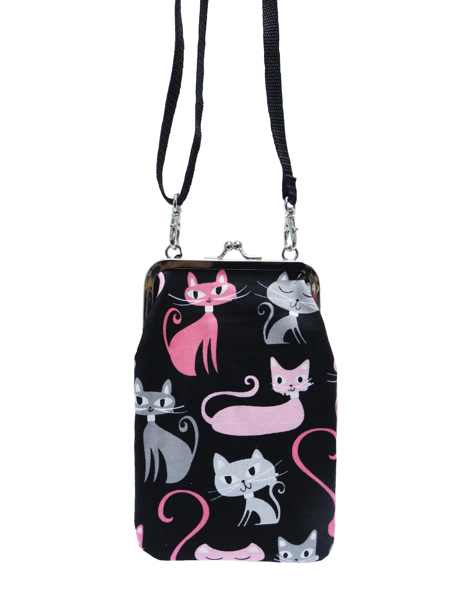 Nabo retro clasp phone pouch with black fabric and cute pink and gray cat print design
