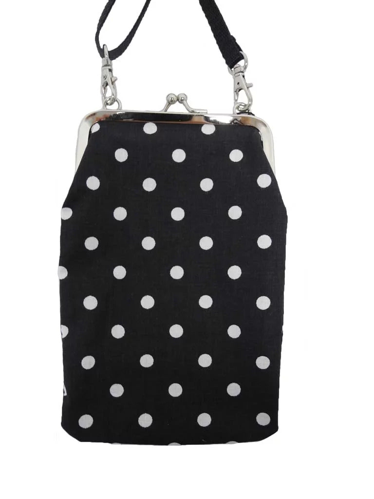 Nabo black and white polka dot retro clasp phone pouch with detachable strap