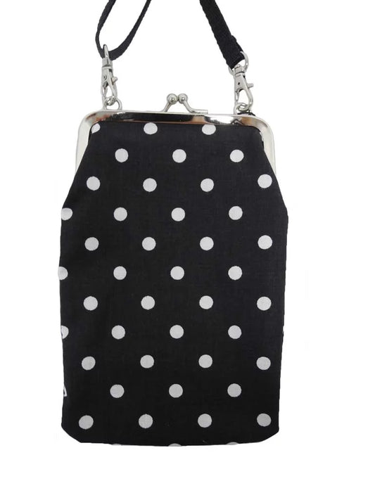 Nabo black and white polka dot retro clasp phone pouch with detachable strap